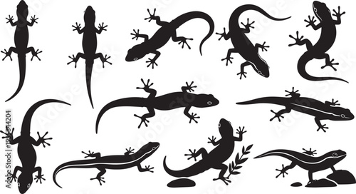 A diverse collection of black silhouette gecko lizards in various natural poses, offering a versatile set of vector illustrations for wildlife, nature, and animal-themed graphic design projects