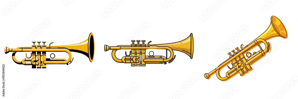 Obraz premium Golden Trumpet Set Illustration Isolated on White Background, Brass Musical Instruments Collection