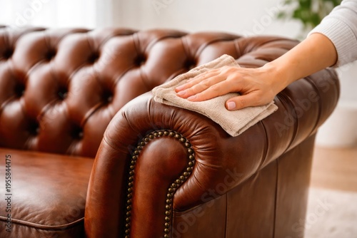 Cleaning and polishing brown leather sofa with cloth close up detail