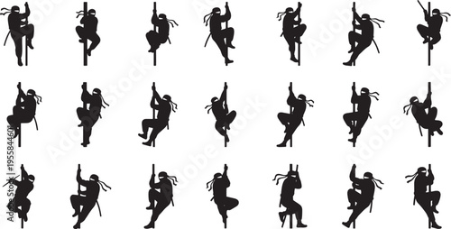 Comprehensive graphic collection illustrating various ninja climbing stances and movements on a pole, embodying stealth, strength, and agility in a dynamic and adaptable silhouette design