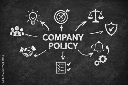 Corporate policy diagram with icons teamwork strategy and management on chalkboard