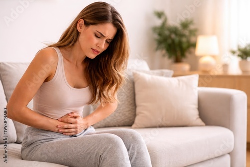 Young woman suffering from stomach pain sitting on couch at home Free Download Young woman suffering from stomach pain sitting on couch at home - GFXLoad
