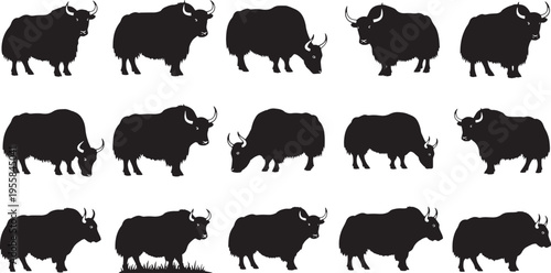 Dynamic collection of robust yak silhouettes in various active and static poses, offering versatile graphic elements for wildlife themes, outdoor adventure designs, and animal-related projects