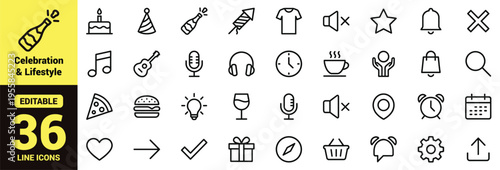 Celebration and lifestyle icon set featuring food, drinks, music, shopping, communication, navigation, and entertainment concepts in modern line‑art vector style for events and digital design