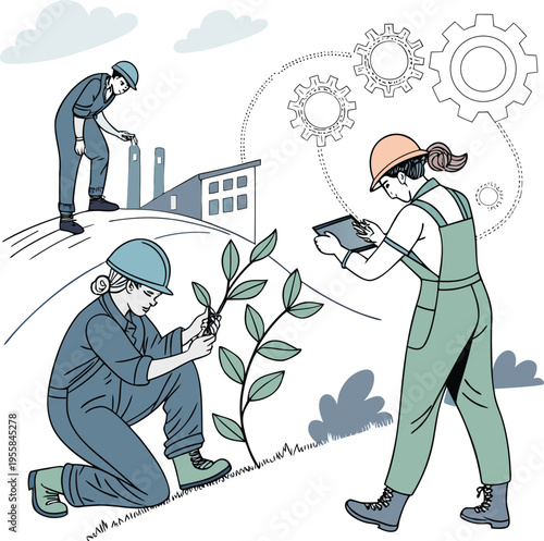 People in overalls and helmets working with plant and clipboard outdoors