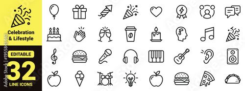 Celebration and lifestyle icon set featuring party elements, food, drinks, music, communication, entertainment, and social concepts in modern line‑art vector style for events and digital design
