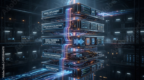 Futuristic stacked data processing system with glowing data streams illustrating machine learning pipeline stages.