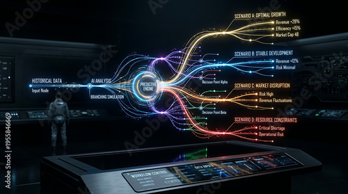 A person observing a futuristic data visualization of business scenarios and strategic planning in a dark, high-tech control room.