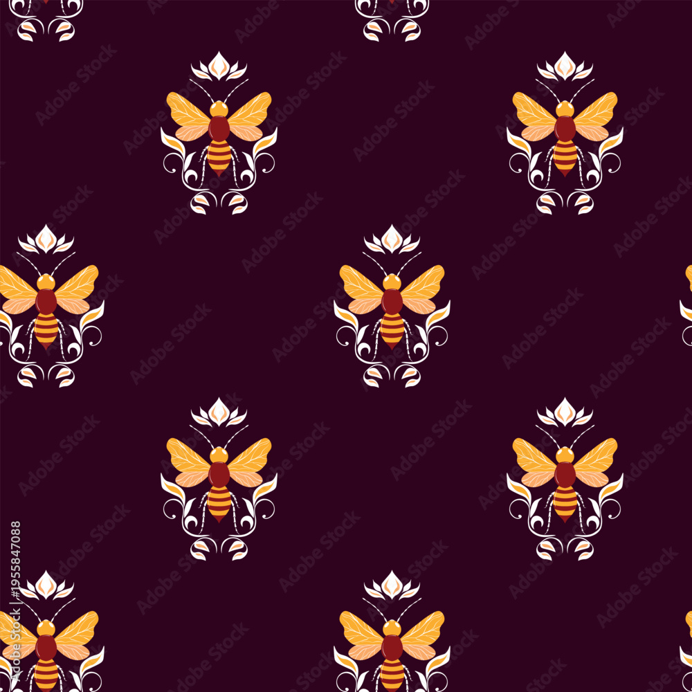 Obraz premium Seamless pattern with bees and flowers. Small wasp. Vector illustration. Design for invitation, cards, textile, fabric. Doodle style.