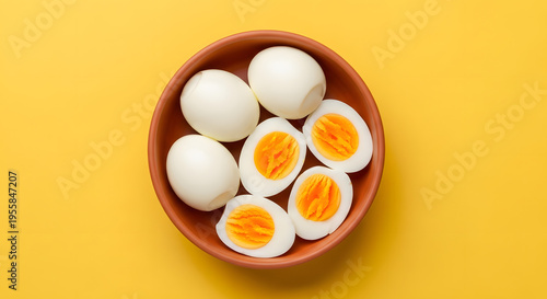 Hard boiled eggs whole and halved in a bowl on yellow background
