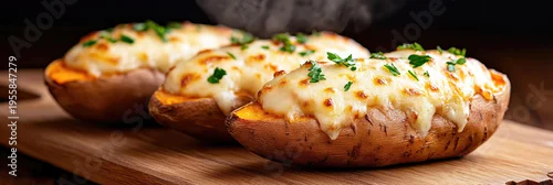 Obraz  z motywem Sweet potatoes baking on a grill, filled with a savory mixture and topped with bubbling melted cheese and fresh herbs, offering a warm and inviting comfort food meal