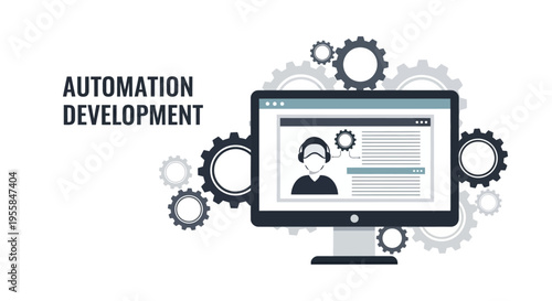 Vector illustration of a computer monitor displaying coding on its screen with gear icons and a character in the background, surrounded by cogs.