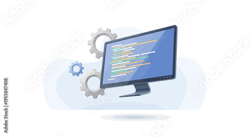 Vector illustration of a computer monitor displaying lines of coding on its screen with gear icons in the background, representing programming and software development.