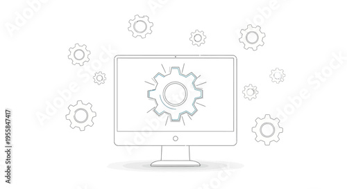 Vector illustration of a computer monitor displaying coding on its screen with gear icons in the background, surrounded by additional gear icons in a simple, monochromatic design.