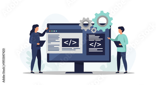 Two people standing beside a large computer monitor displaying coding on its screen with gear icons in the background, illustration.