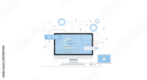 Vector illustration of a computer monitor displaying coding on its screen with gear icons in the background, surrounded by design technology and programming elements.