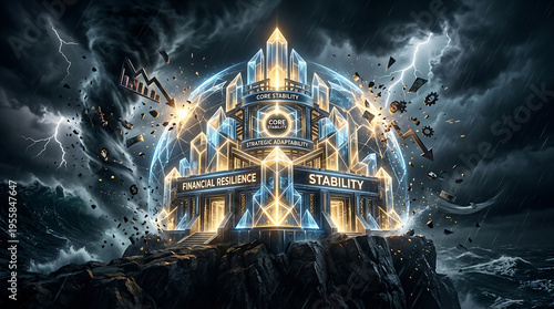 A powerful image of a glowing financial fortress on a mountain peak, shielded from a stormy sky with lightning and falling economic graphs, symbolizing resilience and stability amidst crisis.