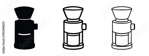 Coffee Grinder Vector Icon Set. Glyph and Outline Symbols for Kitchen Appliance, Coffee Beans Grinding.
