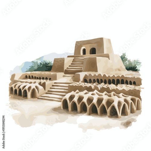 Chan Chan Archaeological Site. Chan Chan Archaeological Site hand drawn watercolor illustration