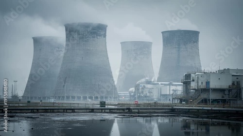 Medium shot featuring cooling towers with mild steam release during overcast weather showcasing essential utilities sustaining industrial operations in a calm atmosphere.