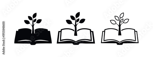 Open book with growing plant icon set. Knowledge growth, education, and development symbol.