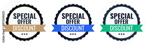 Collection of special offer discount badges in round scalloped seals design with ribbons for retail marketing promotion