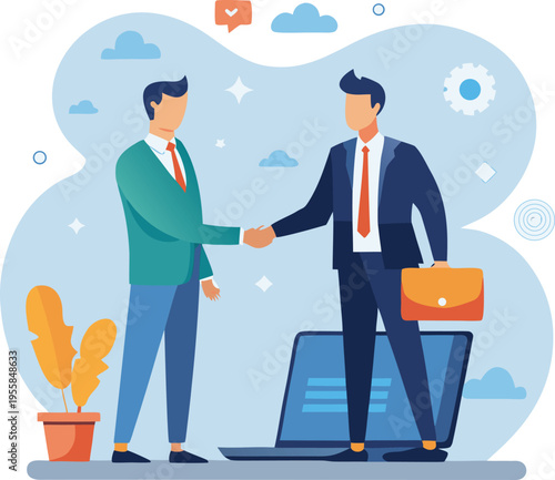 Two businessmen shaking hands in front of laptop computer screen