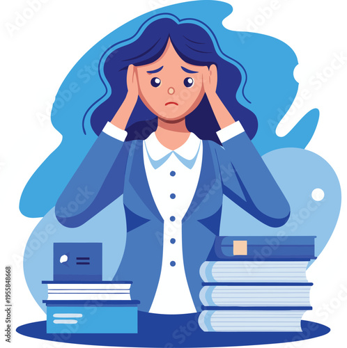 Woman feeling stressed with books and laptop on desk at home