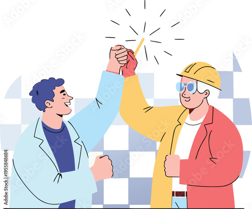 Two happy men high fiving with arms raised in celebration