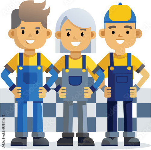 Three cartoon workers in overalls and yellow shirts standing together