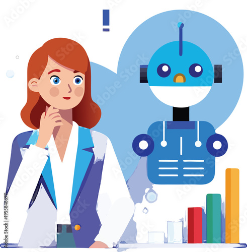 Woman interacting with a robot at a desk with graphs