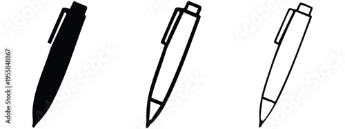 Pen icon set. Black and white vector illustrations of writing and office supplies.