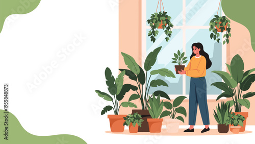 Young woman tending to her urban jungle of various indoor houseplants in a bright room with a large window and beautiful hanging green leafy plants.