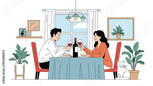Young couple enjoying a romantic dinner with red wine at home in a cozy dining room with their white cat and various green indoor potted houseplants.