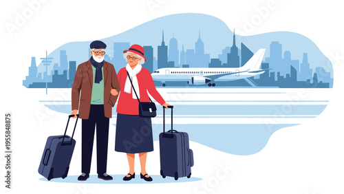 Senior man and woman with luggage standing at the airport terminal ready for their flight with an airplane and city skyline in the distant background.