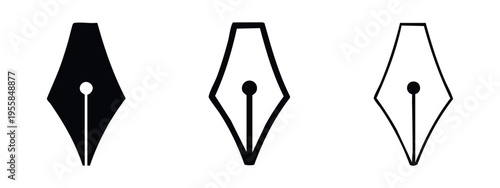Fountain pen nib icon set. Black and white vector illustrations of writing and calligraphy tools.