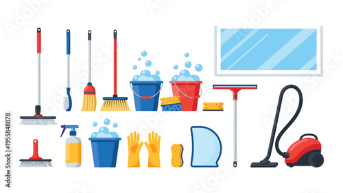 Set of cleaning equipment and household chores icons featuring buckets mops vacuum cleaner and detergent bottles isolated on a clean white background.