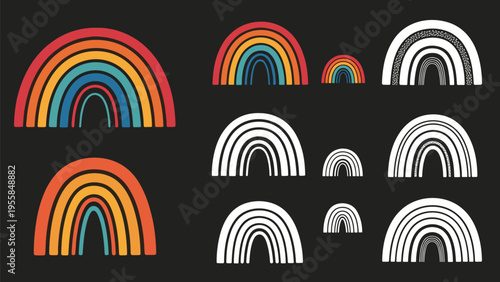 Collection of vintage style retro rainbows in various color palettes and monochrome versions isolated on a dark gray background for creative designs.