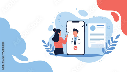 Patient having a remote medical consultation via video call on a smartphone with a professional doctor and a digital medical report document icon.