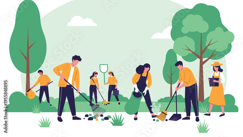 Community volunteers cleaning a public park together by raking leaves and picking up trash to protect the local environment and promote sustainability.