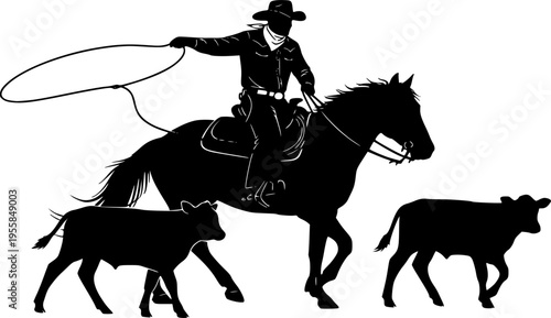 A vector silhouette of a working ranch cowboy on a horse with two young cows.
