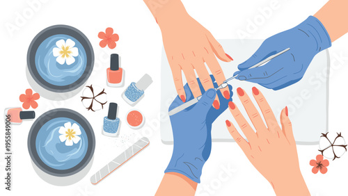 Professional manicure process is shown from above with a nail technician working on a client's fingernails in a luxury beauty salon.