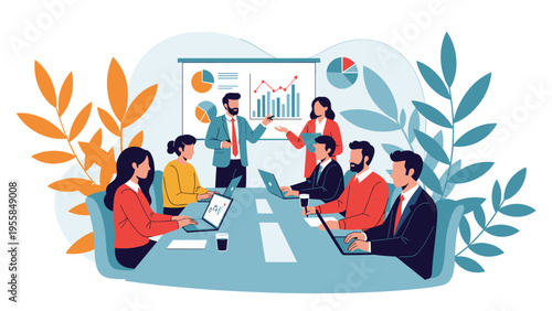 Diverse business colleagues collaborate in a modern office meeting room while reviewing financial data and project charts on a screen.