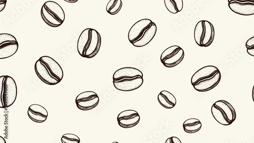 Seamless vintage pattern of scattered roasted coffee beans illustrated in a classic hand-drawn engraving style on a light background.