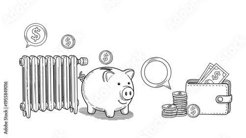 Financial concept of saving energy and money is illustrated with a piggy bank and coins next to a home radiator and a full wallet.