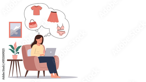 Young woman sits comfortably in a chair with her laptop while dreaming about shopping for new clothes and fashion accessories online.