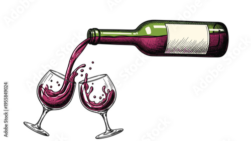 Classic hand-drawn illustration shows red wine being poured from a green bottle into two glasses for a celebratory toast or dinner.
