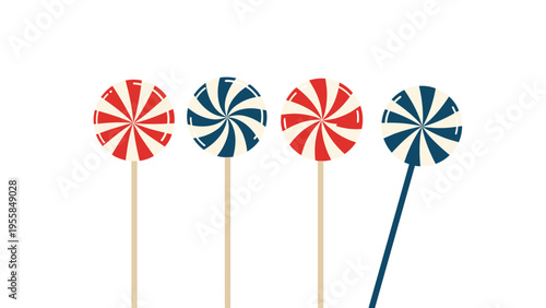 Four colorful lollipops with swirled patterns are arranged in a row featuring bright red and blue designs on a simple plain background.