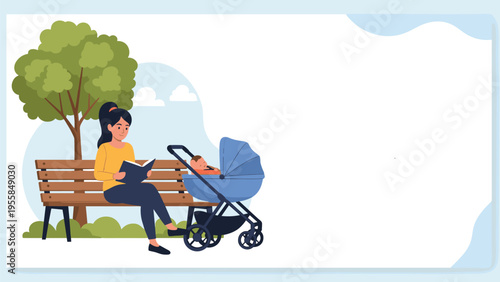 Young mother enjoys reading a book on a park bench while her infant baby rests safely in a blue stroller under the shade of a tree.