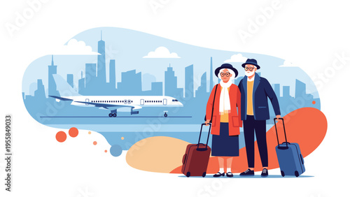 Senior couple with luggage stands at an airport with a city skyline and a white airplane on the runway preparing for a holiday flight.